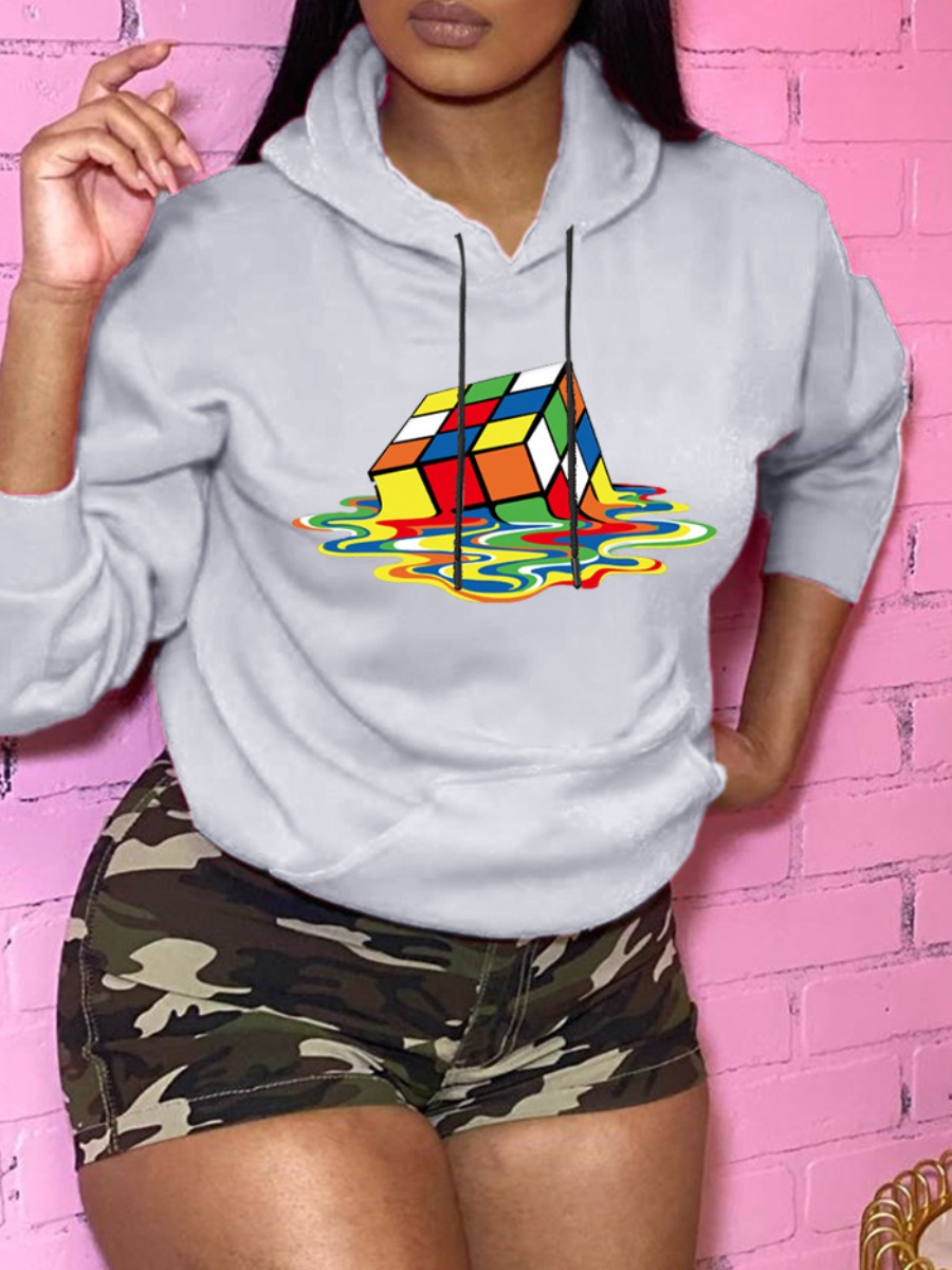 

Lovely Casual Hooded Collar Print Grey Hoodie