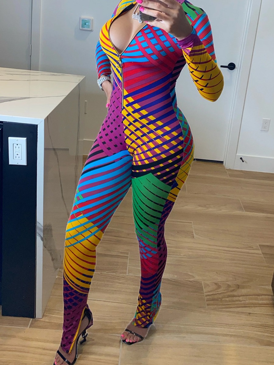 

lovely Trendy Zipper Design Print Multicolor One-piece Jumpsuit, Multi