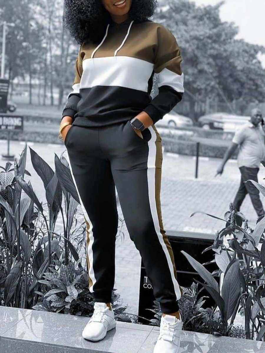 

lovely Sportswear Hooded Collar Patchwork Black Two Piece Pants Set