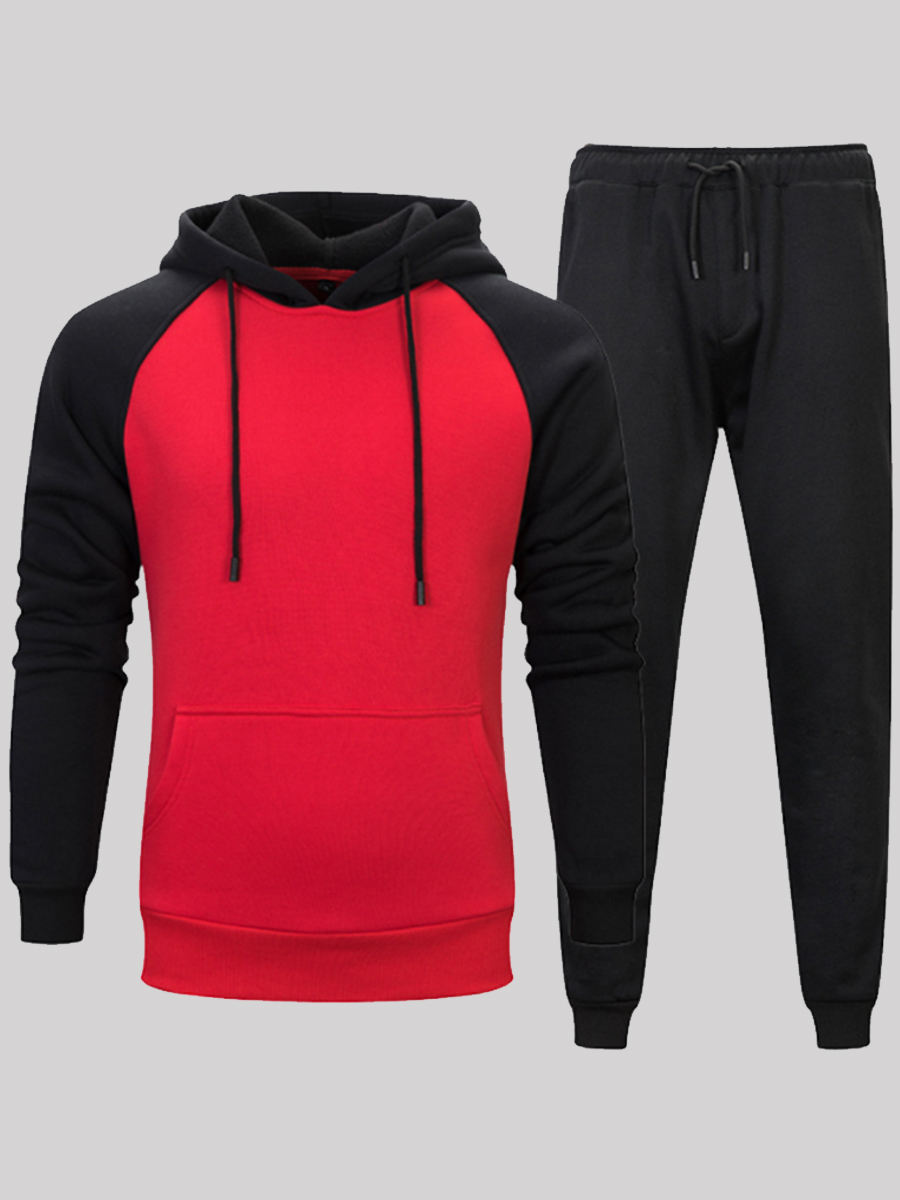 

lovely Casual Hooded Collar Patchwork Red Men Two-piece Pants Set