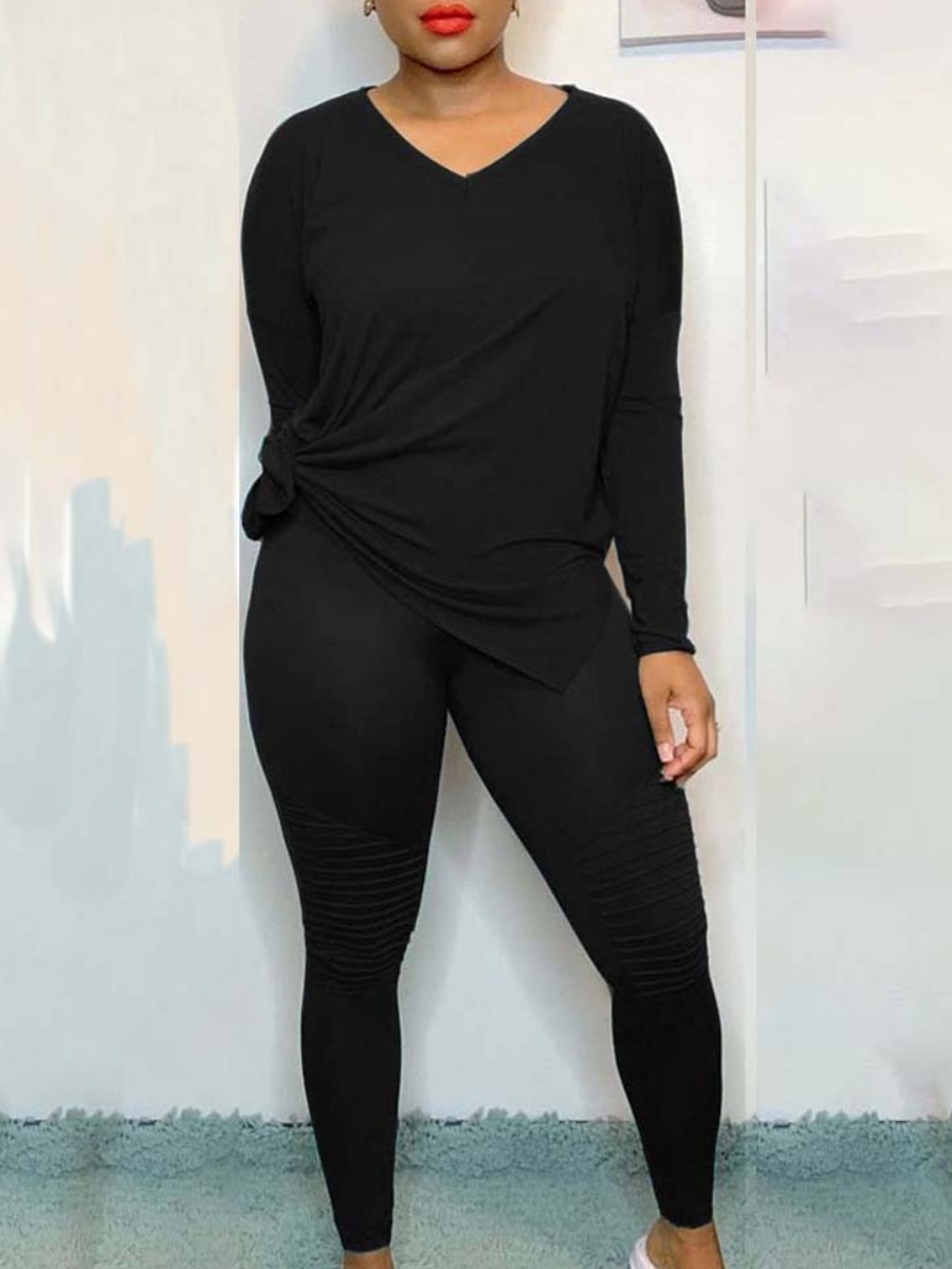

Lovely Casual V Neck Basic Side Slit Black Two Piece Pants Set
