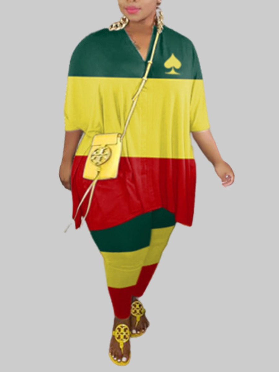 

Lovely Leisure V Neck Gradient Green Plus Size Two-piece Pants Set, Red