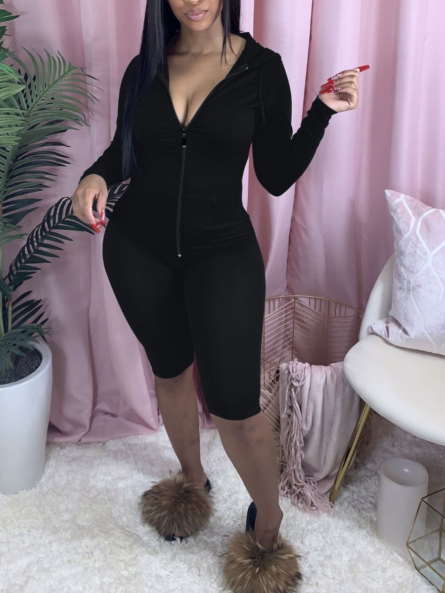 

lovely Casual Zipper Design Black Loungewear