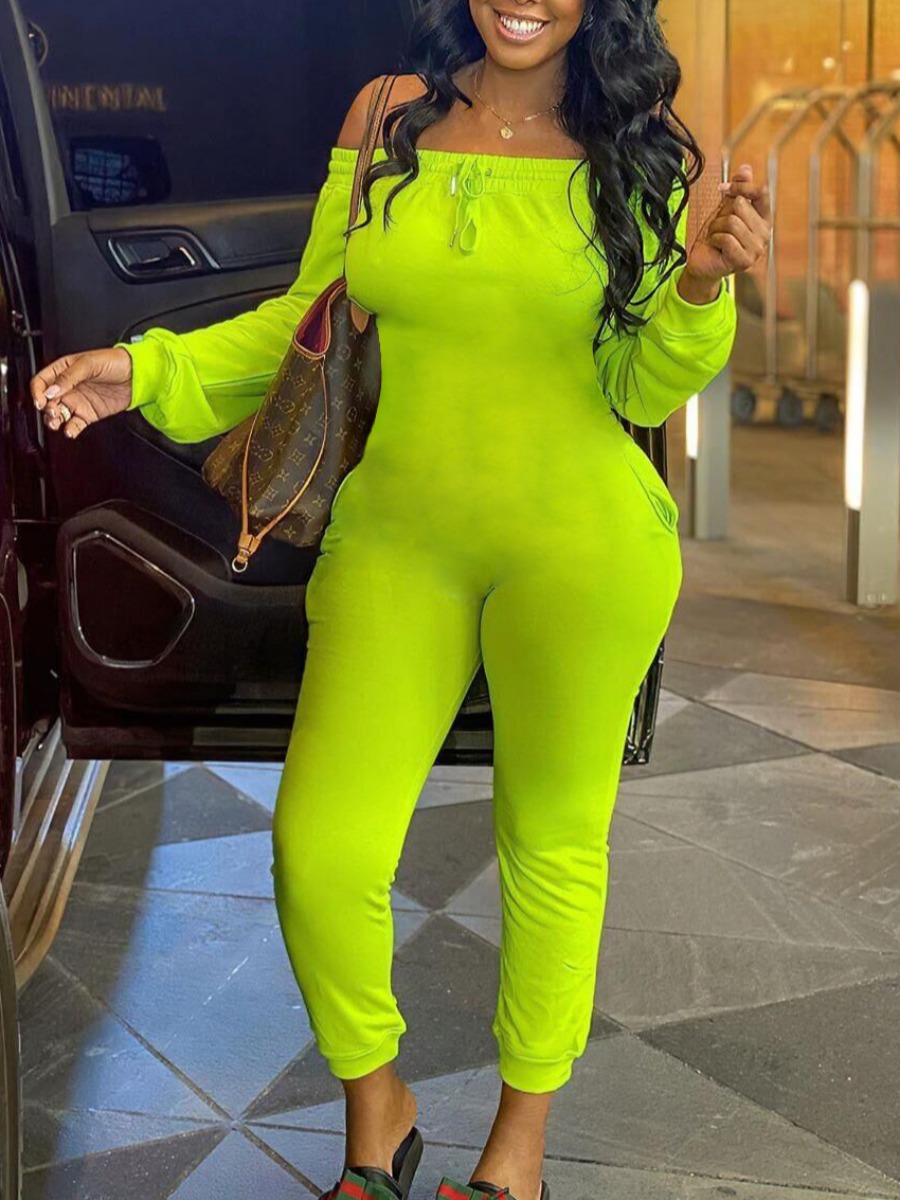 

lovely Leisure Dew Shoulder Basic Green One-piece Jumpsuit