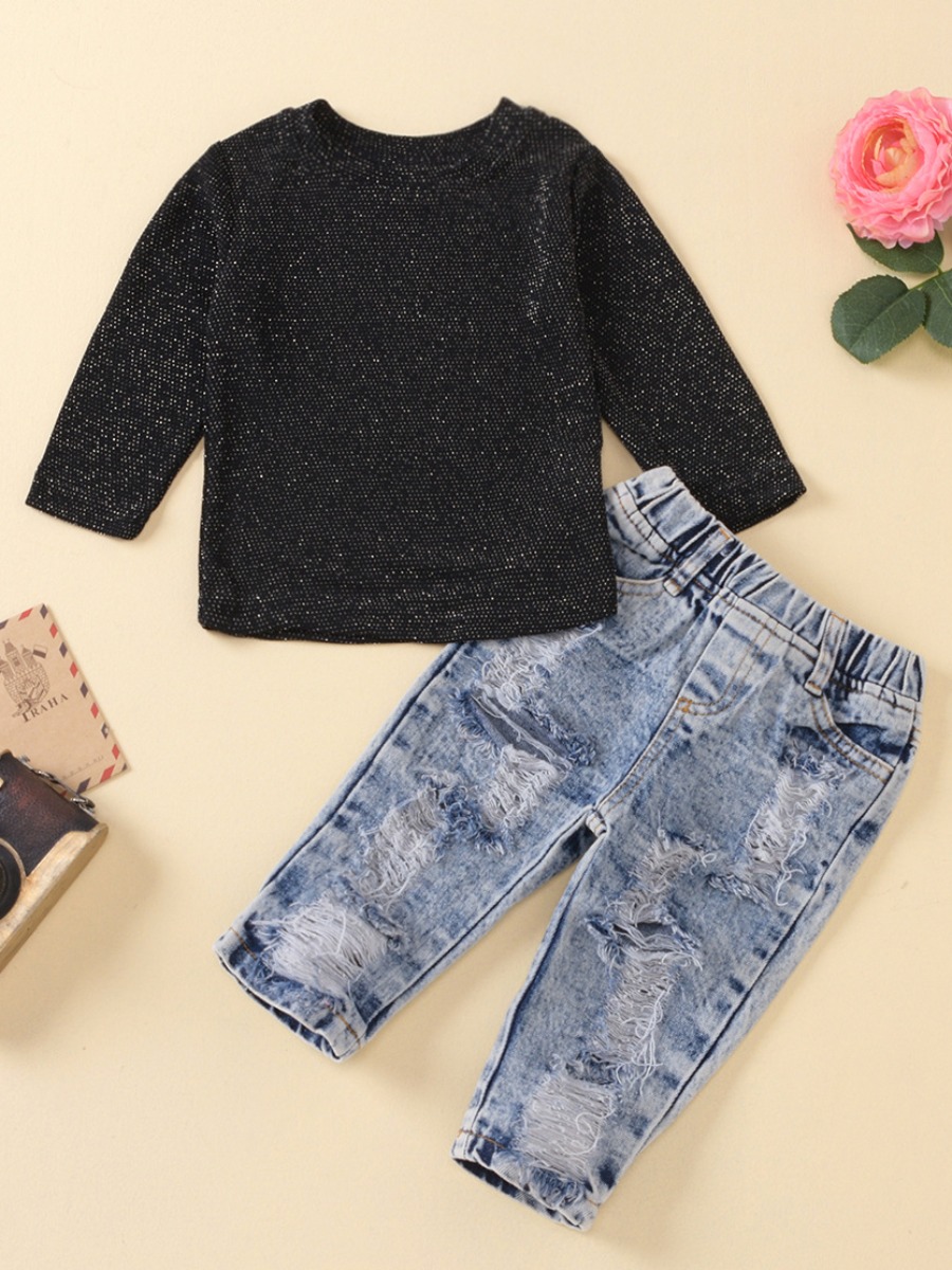 

lovely Casual O Neck Broken Holes Black Girl Two-piece Pants Set