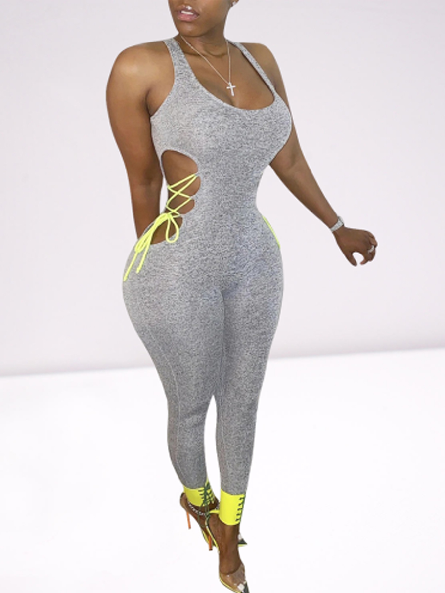 

lovely Sportswear U Neck Bandage Design Grey One-piece Jumpsuit