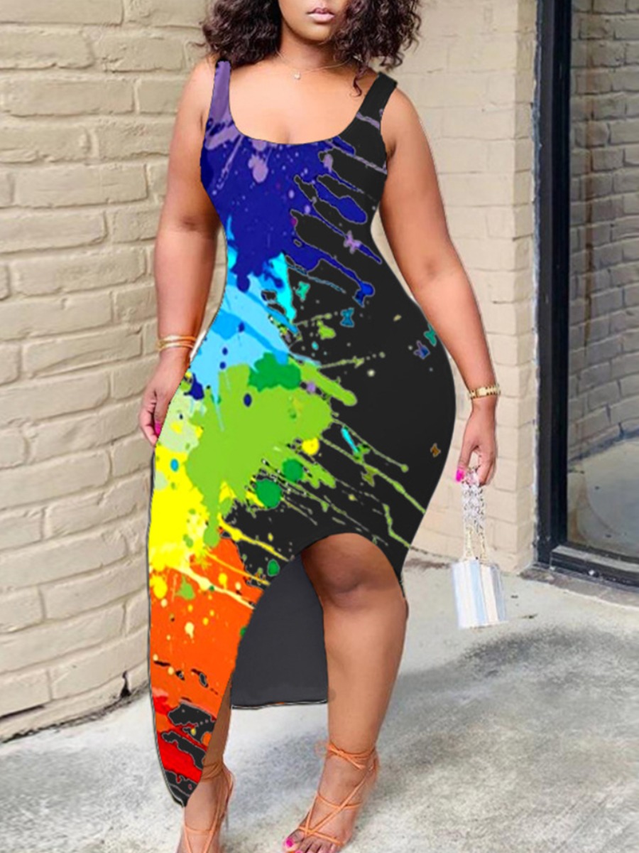 

lovely Trendy U Neck Graffiti Print Black Ankle Length Plus Size Dress