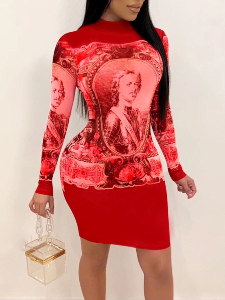 

lovely Casual O Neck Print Red Knee Length Dress