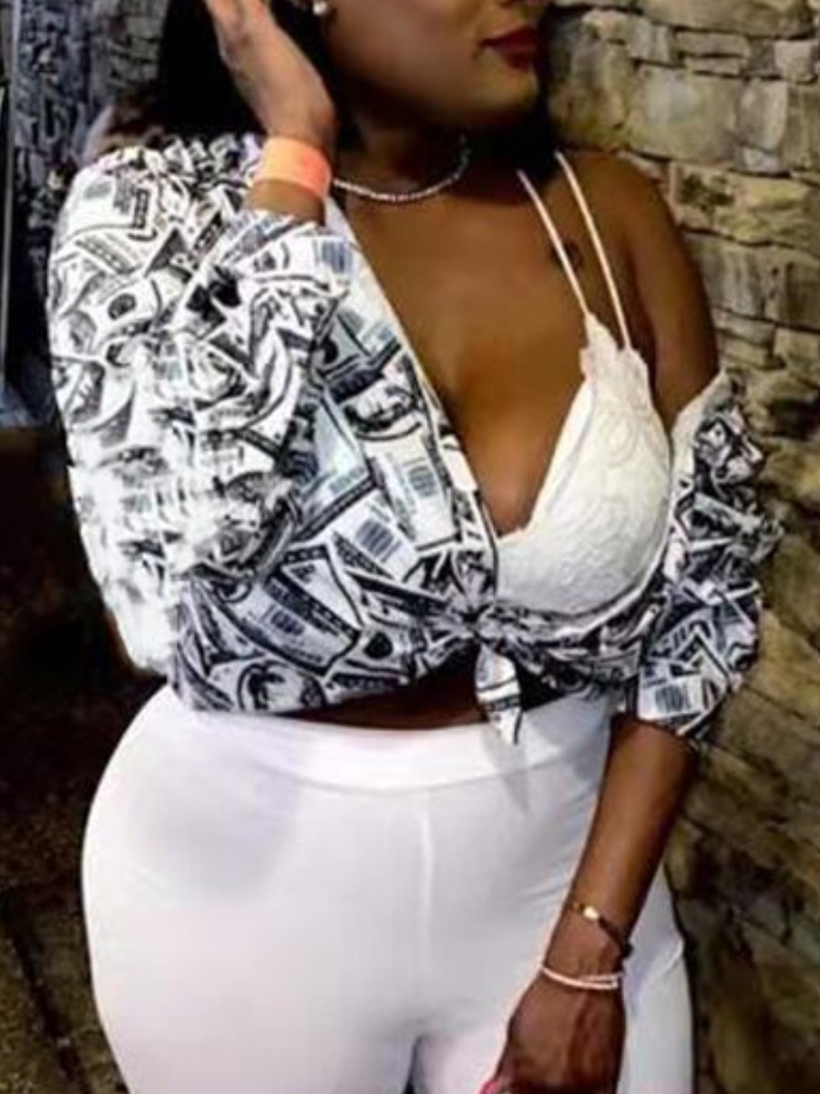 

lovely Street Print Knot Design White Blouse