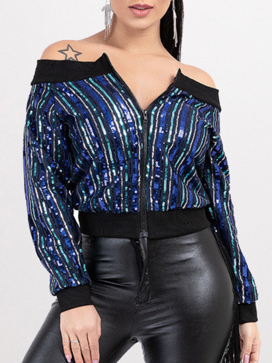 

lovely Trendy Dew Shoulder Sequined Blue Coat