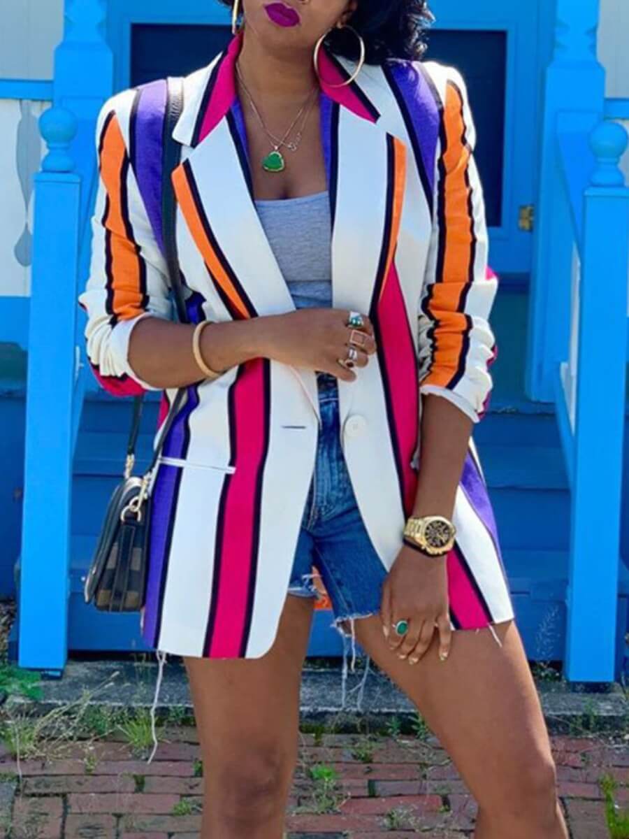

Lovely Trendy Turndown Collar Striped Multicolor Blazer, Multi