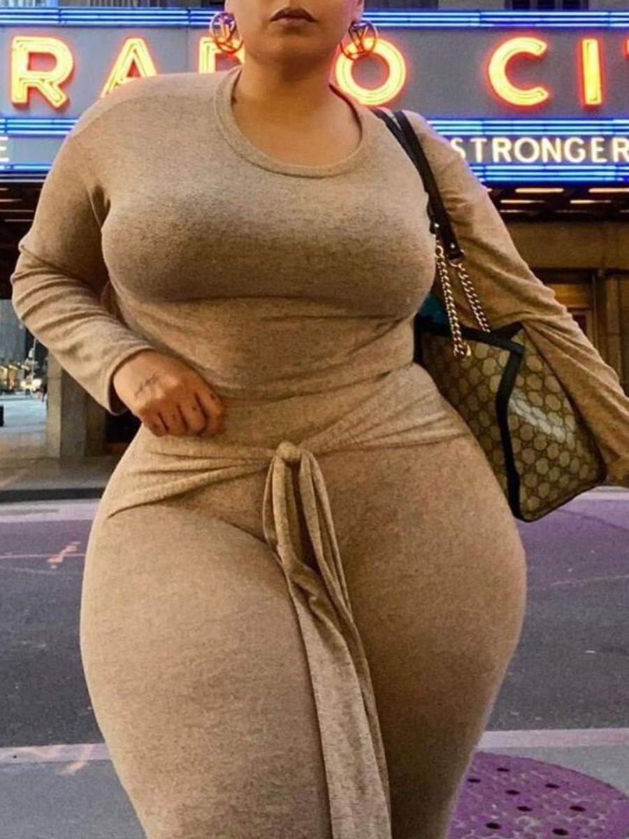 

lovely Casual O Neck Knot Design Khaki Plus Size Two-piece Pants Set