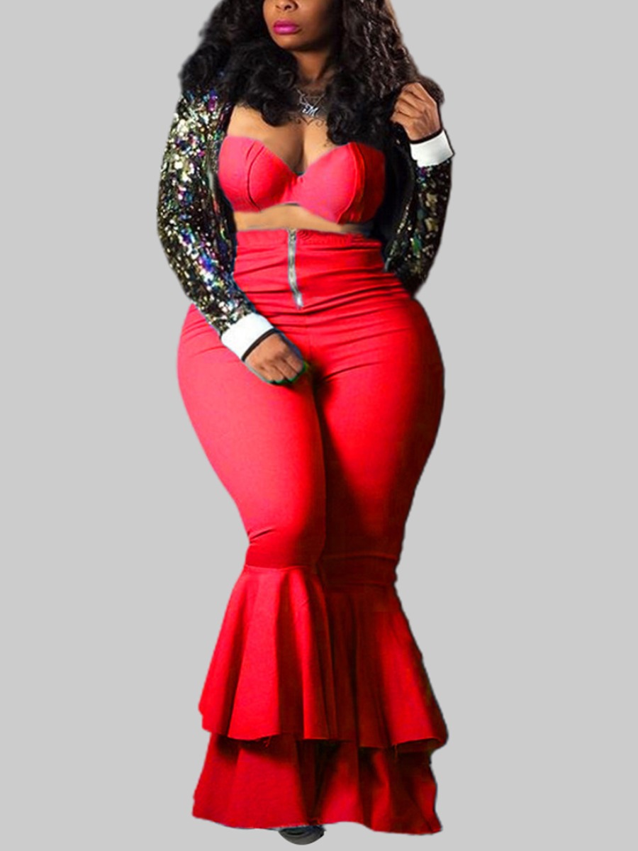 

lovely Trendy Dew Shoulder Flared Red Plus Size Two-piece Pants Set