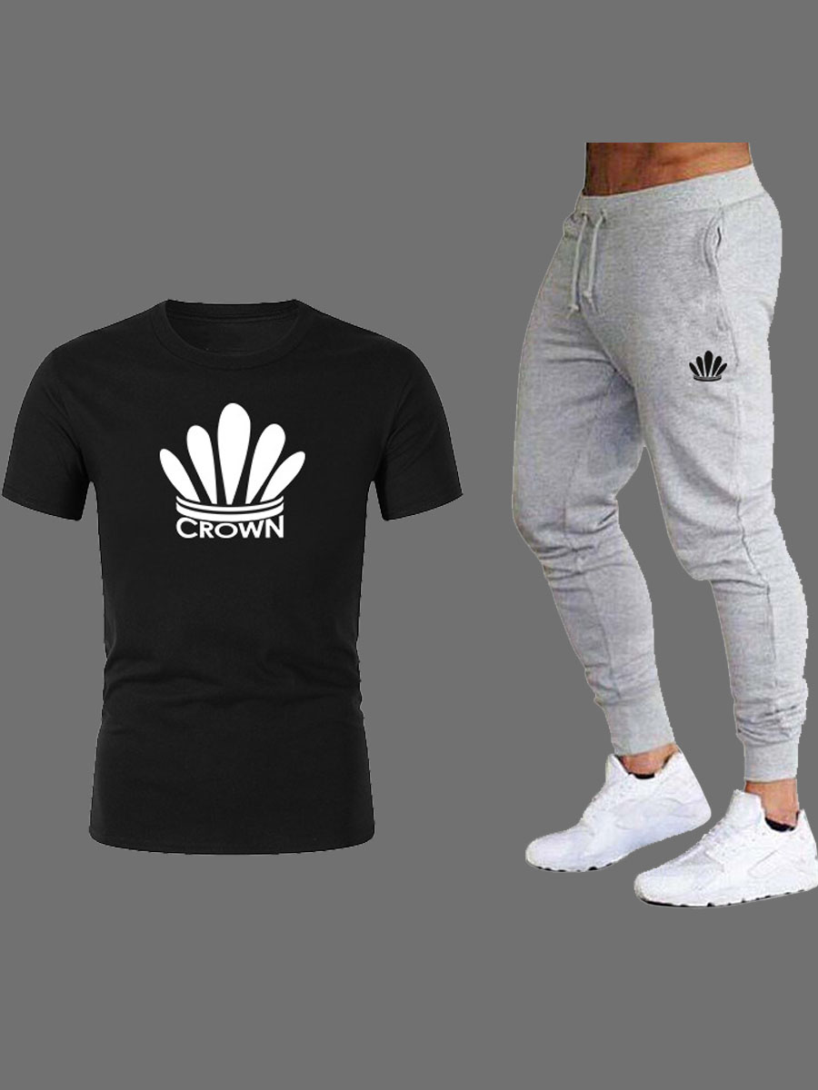 

lovely Casual O Neck Print Black Men Two-piece Pants Set