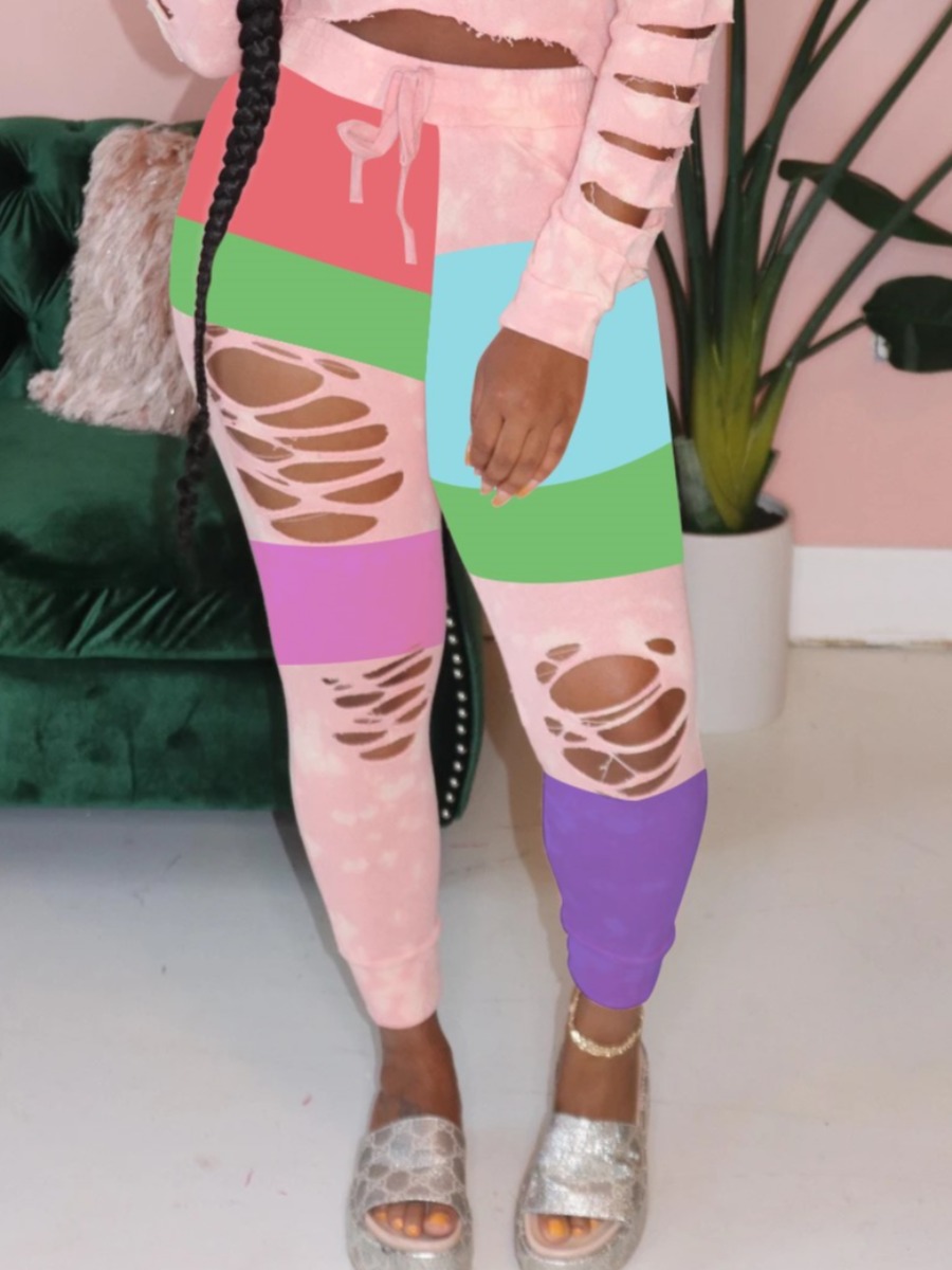 

lovely Casual Patchwork Broken Holes Multicolor Pants, Multi