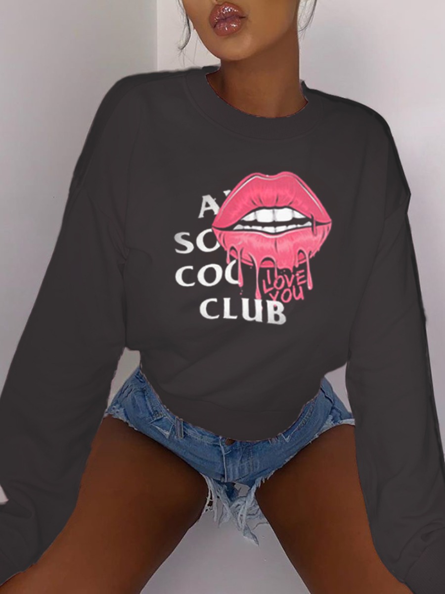 

Lovely Casual O Neck Lip Print Black Plus Size Hoodie
