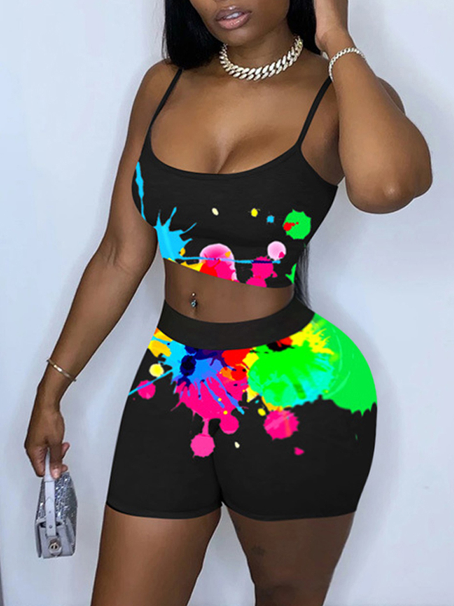 

lovely Sportswear Spaghetti Strap Graffiti Print Black Two Piece Shorts Set