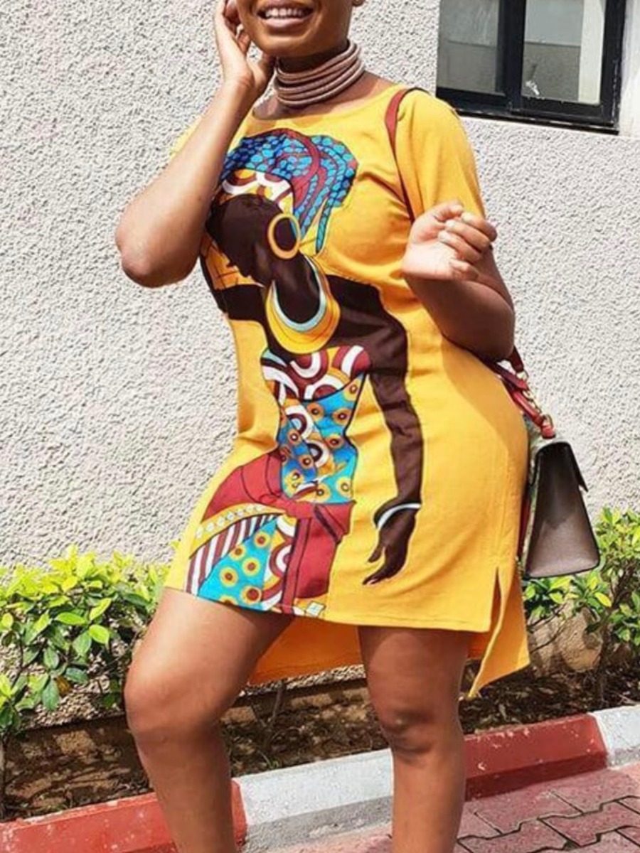 

LW O Neck Print Dress, Yellow