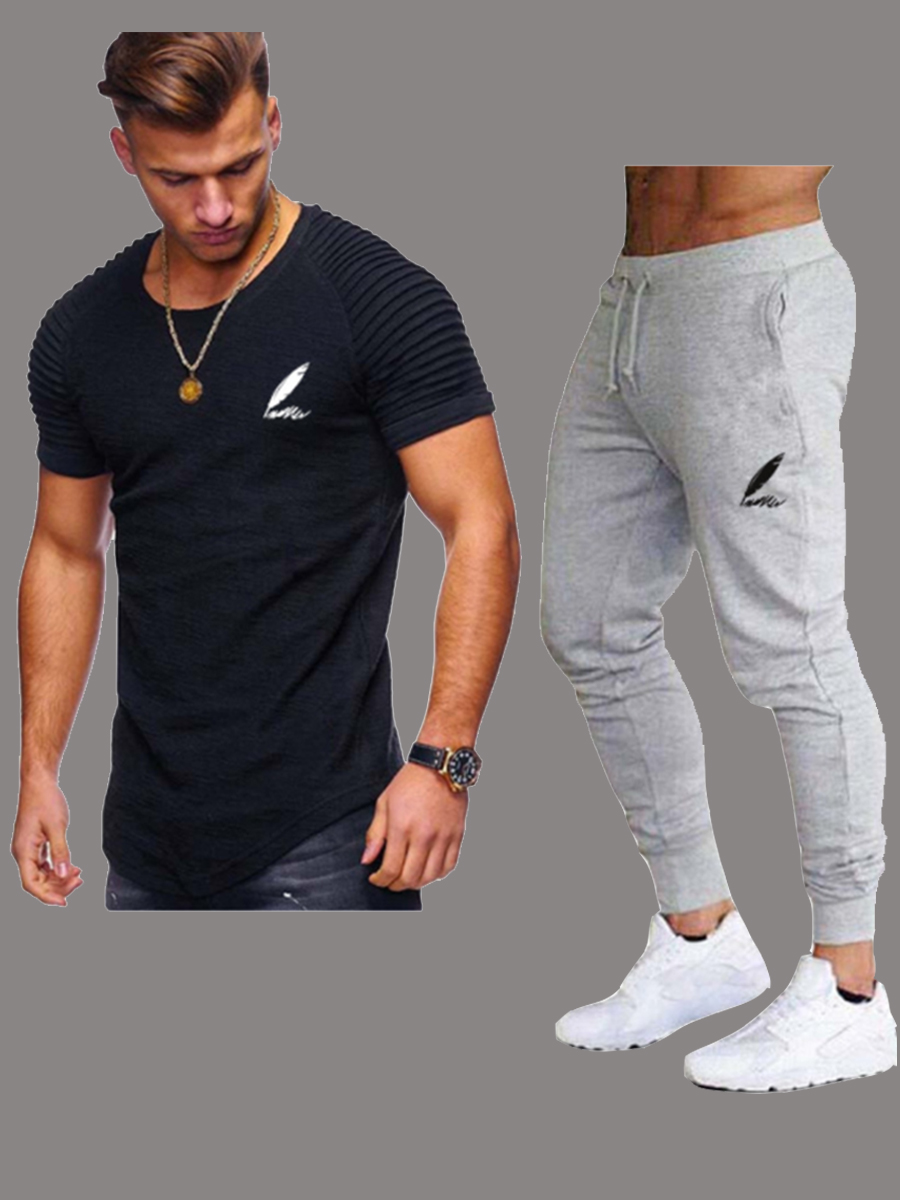

Lovely Leisure O Neck Print Black Men Two-piece Pants Set