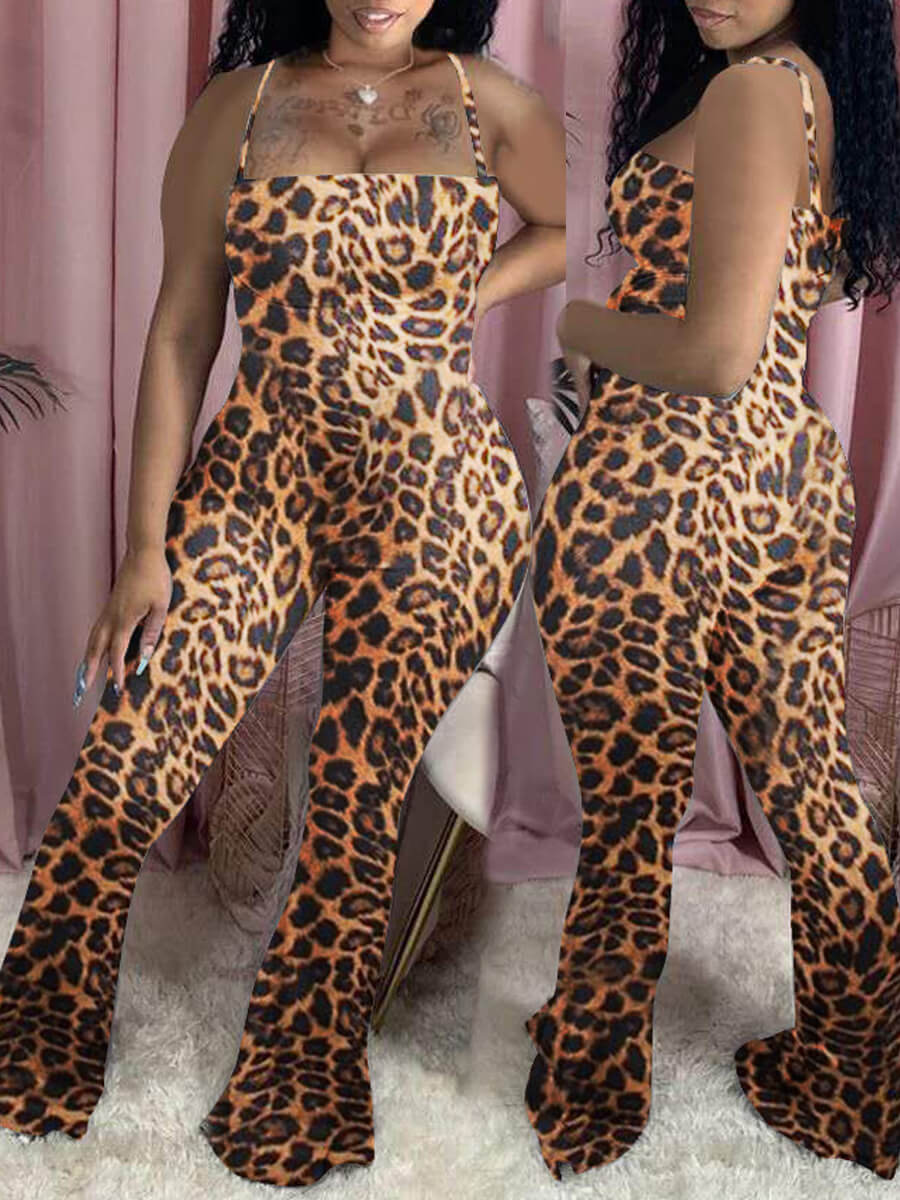 

Lovely Trendy Spaghetti Strap Leopard Print One-piece Jumpsuit