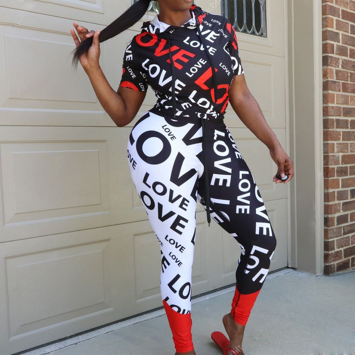 

Lovely Sportswear Hooded Collar Letter Print Black Two Piece Pants Set