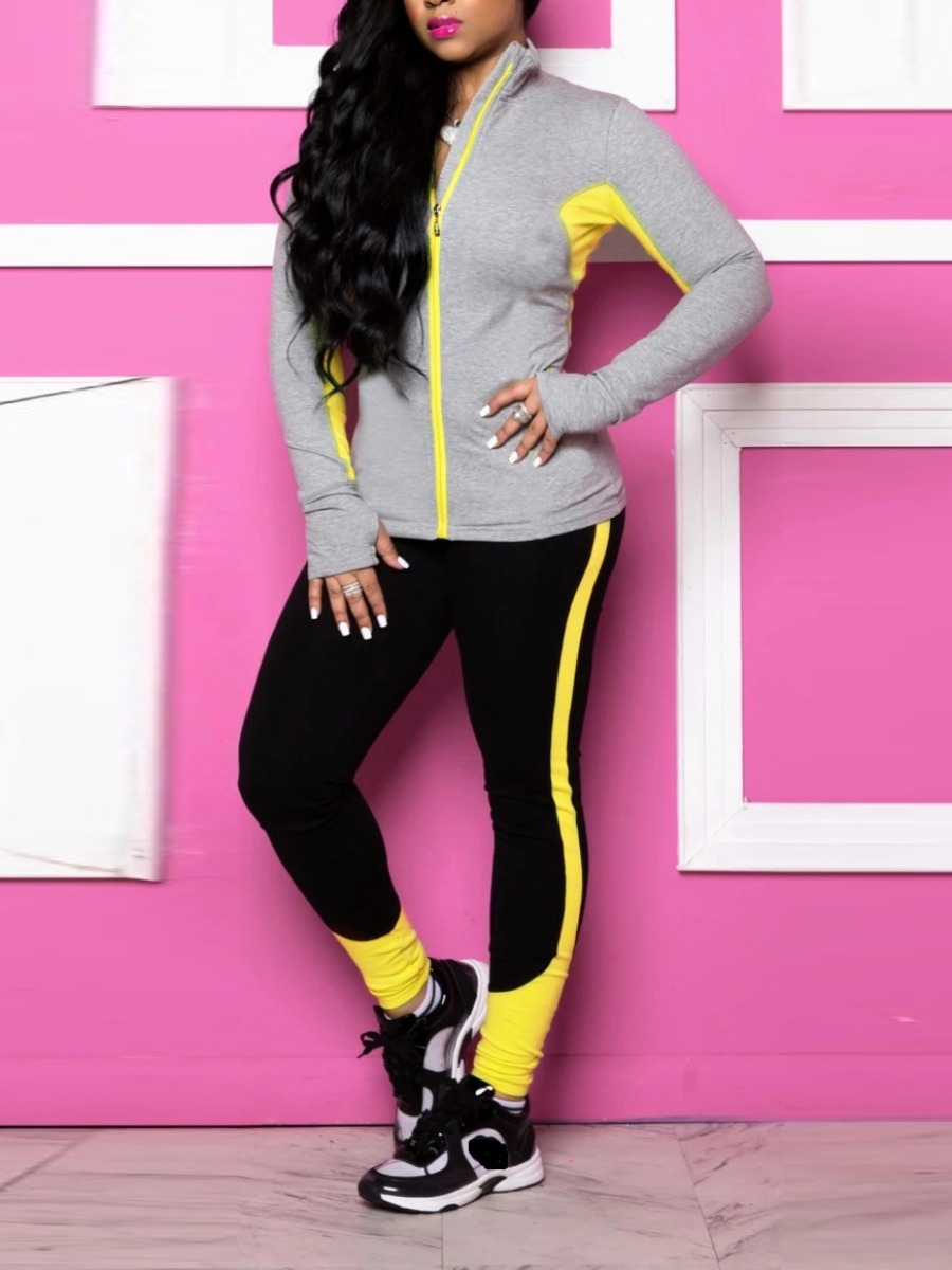 

lovely Sportswear Zipper Design Patchwork Grey Two Piece Pants Set