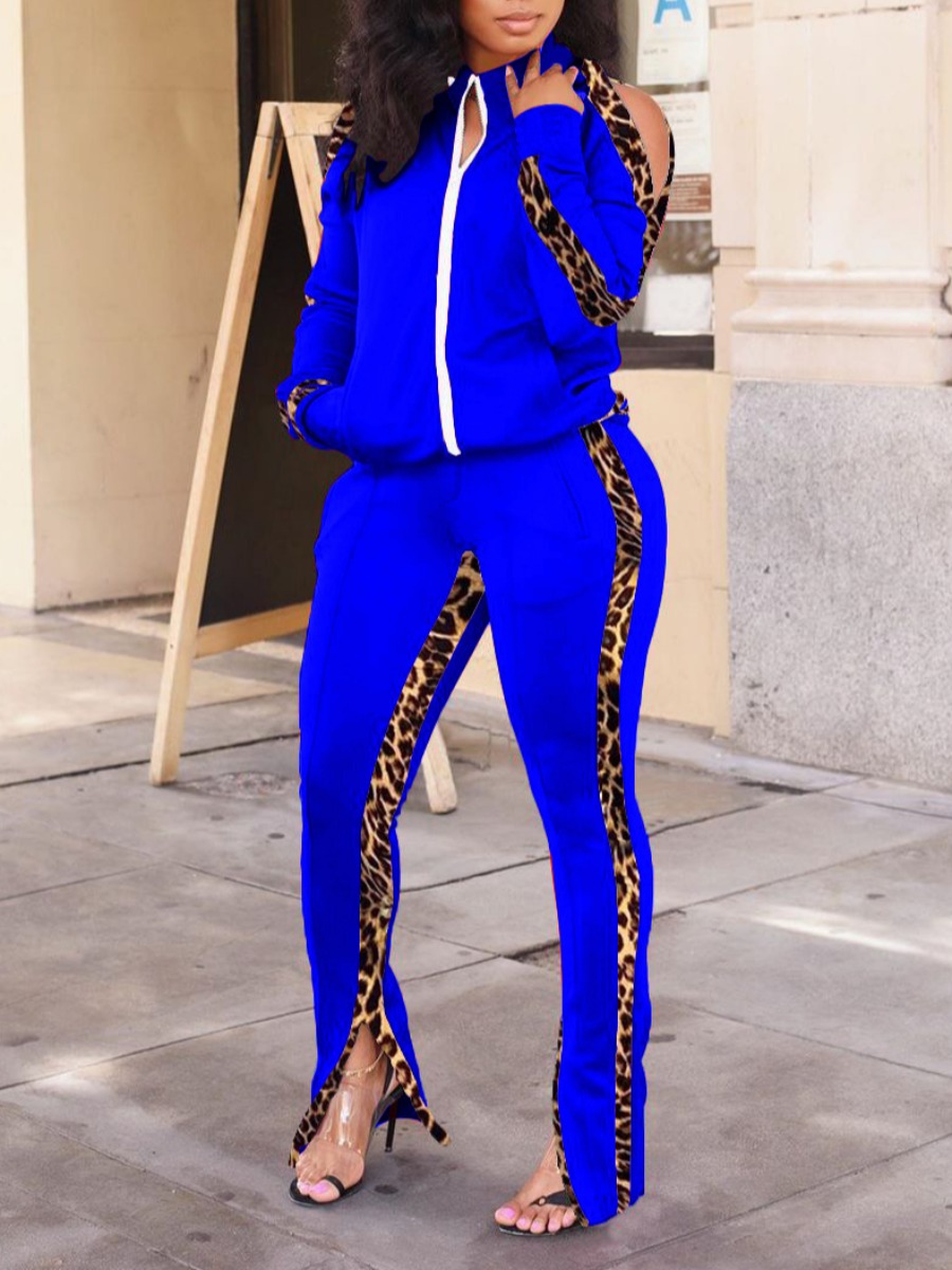 

lovely Trendy Zipper Design Patchwork Royalblue Two Piece Pants Set