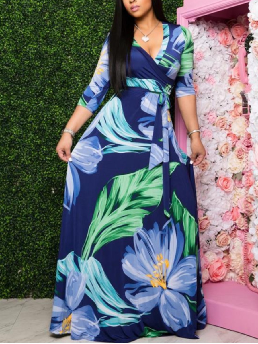 

lovely Bohemian V Neck Plants Print Blue Maxi Dress