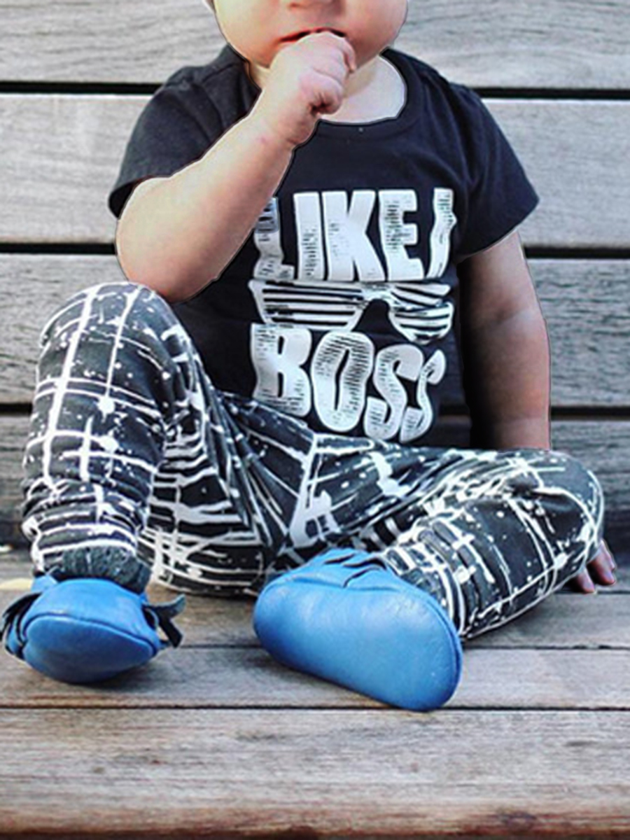 

lovely Casual O Neck Letter Print Black Boy Two-piece Pants Set