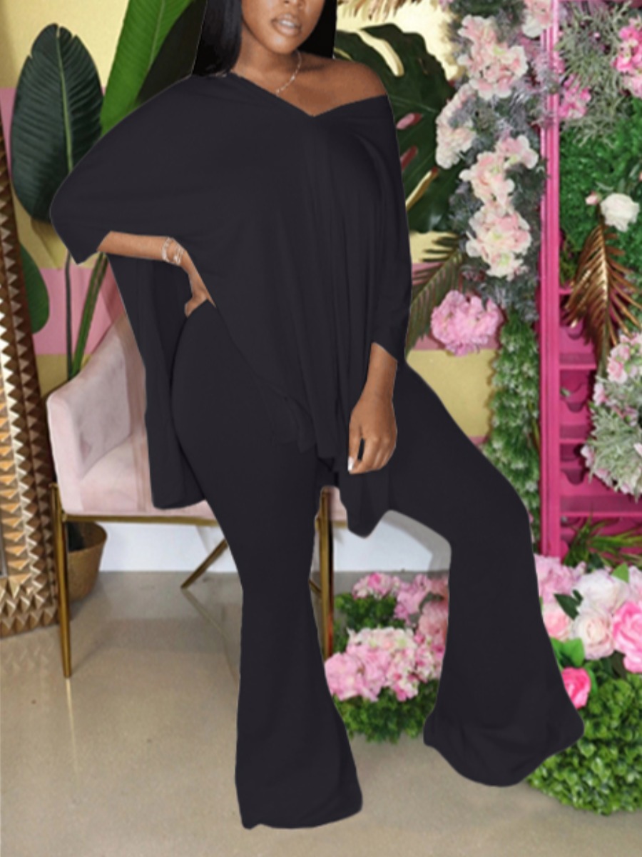 

lovely Casual V Neck Side Slit Black Two Piece Pants Set