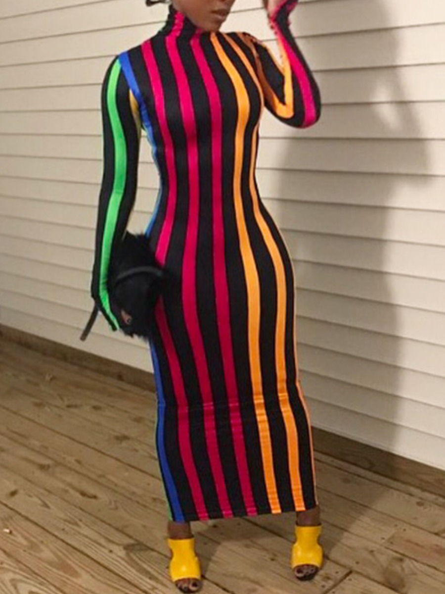 

lovely Casual Turtleneck Rainbow Striped Red Ankle Length Dress