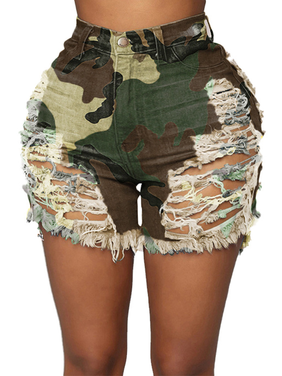 

lovely Street Camo Print Broken Holes Plus Size Denim Shorts