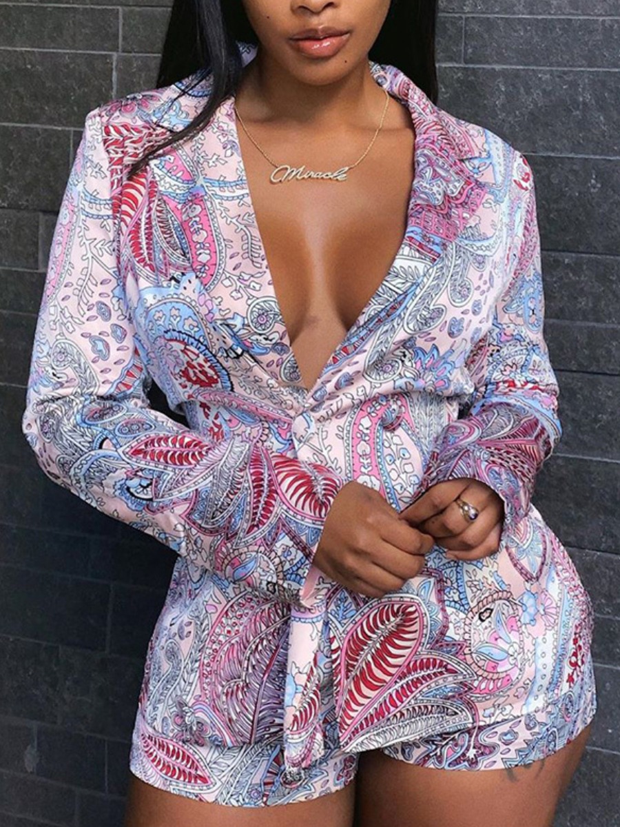 

lovely Trendy Turn-back Collar Print Multicolor Two Piece Shorts Set, Multi