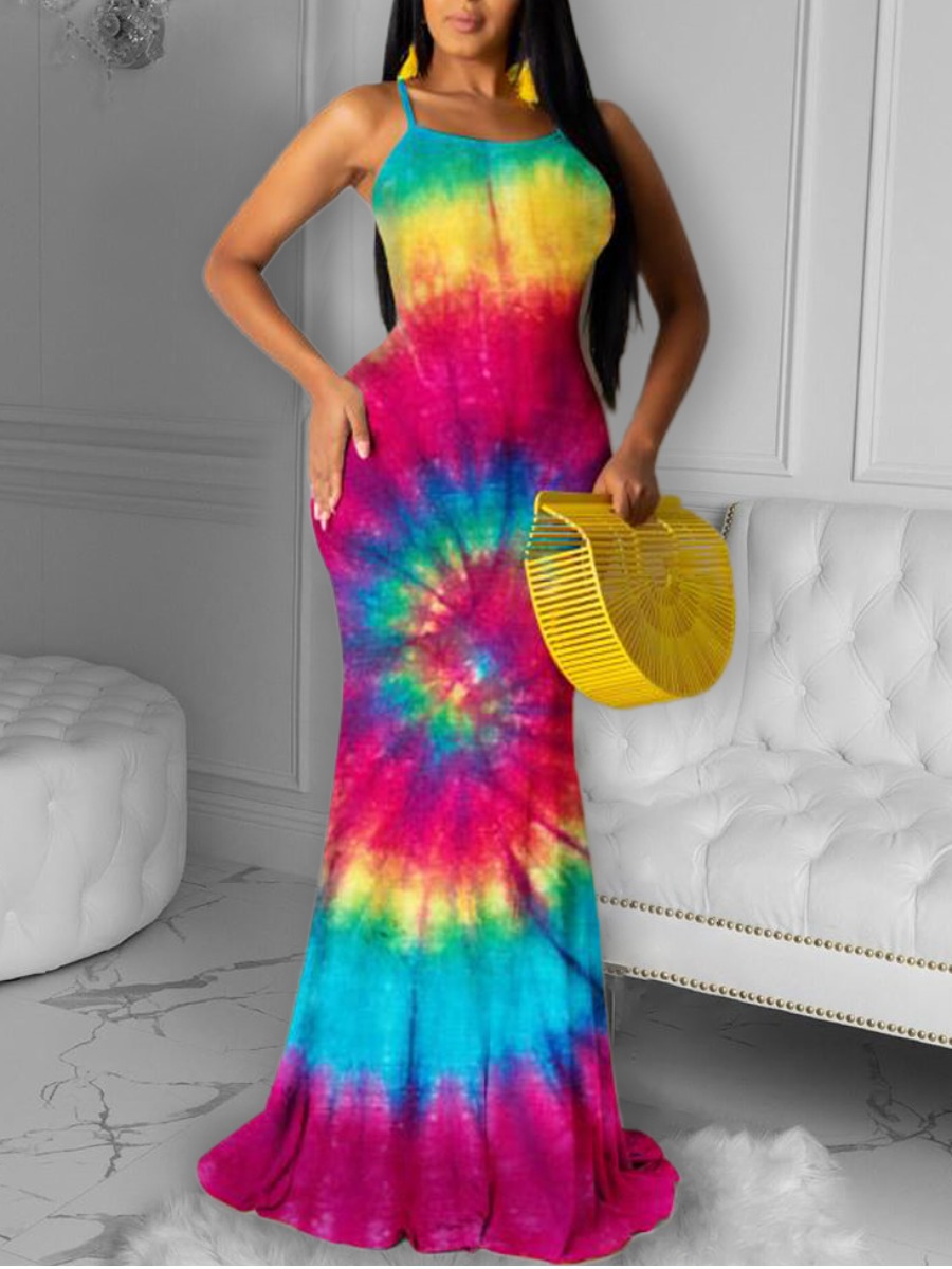 

lovely Bohemian Spaghetti Strap Tie-dye Rose Red Maxi Dress
