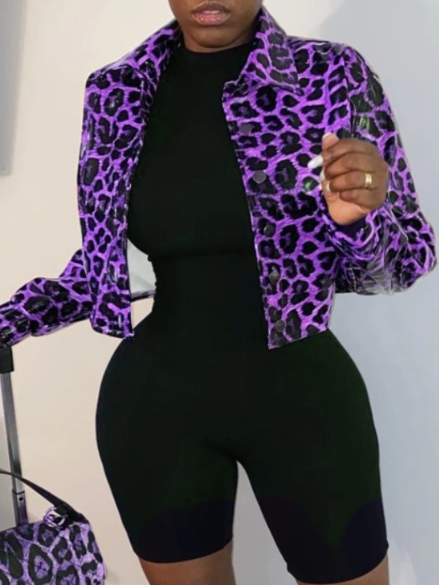 

lovely Stylish Turndown Collar Print Purple Jacket