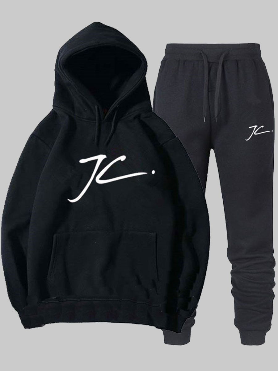 

lovely Leisure Hooded Collar Print Black Men Two-piece Pants Set