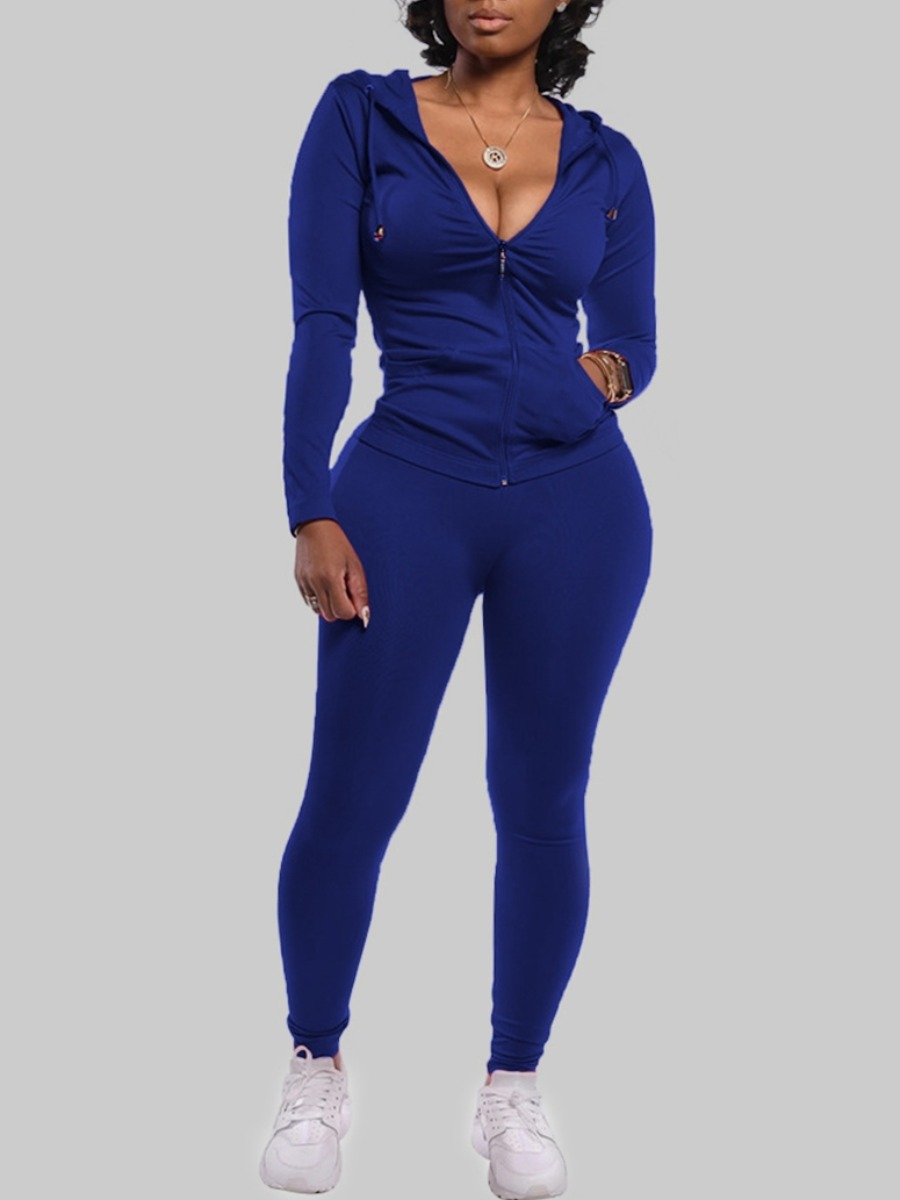 

lovely Sportswear Hooded Collar Zipper Design Sapphir Two-piece Pants Set