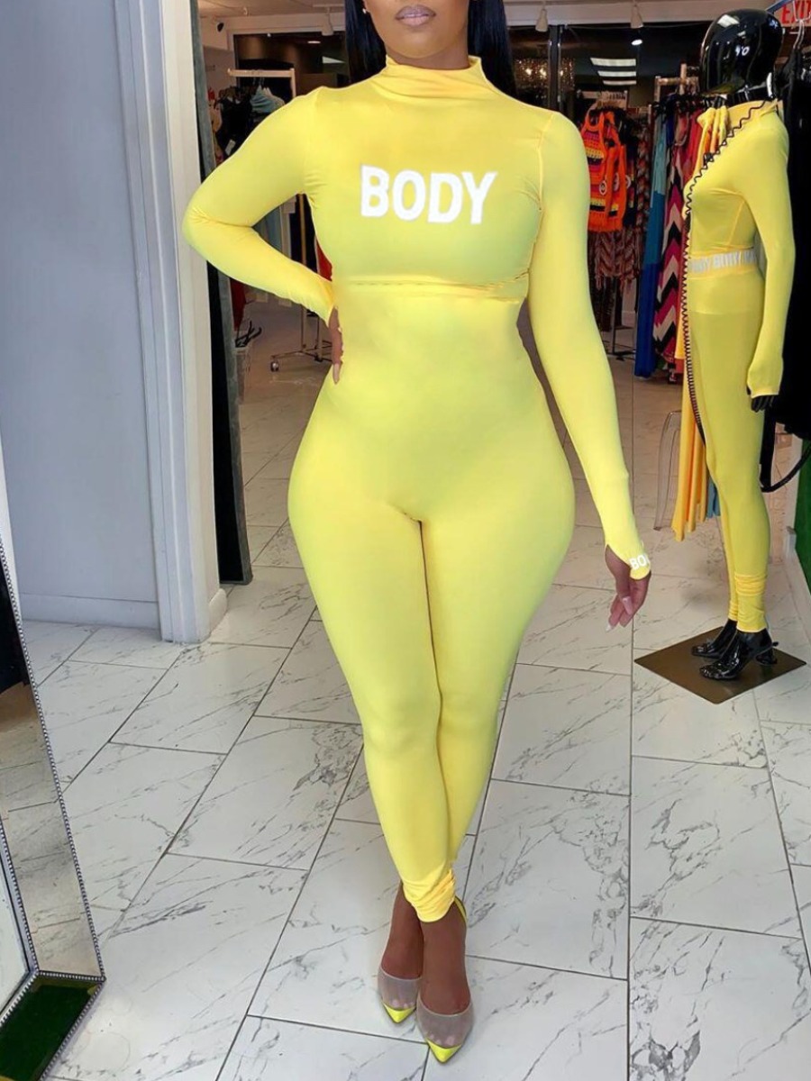 

Lovely Sportswear Letter Print Yellow One-piece Jumpsuit