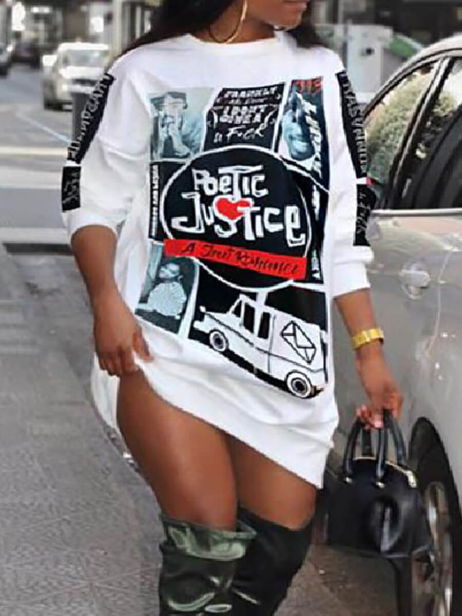 

Lovely Street O Neck Print White Knee Length Plus Size Dress
