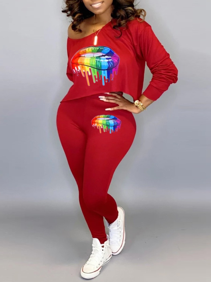 

Lovely Leisure O Neck Lip Print Red Plus Size Two-piece Pants Set