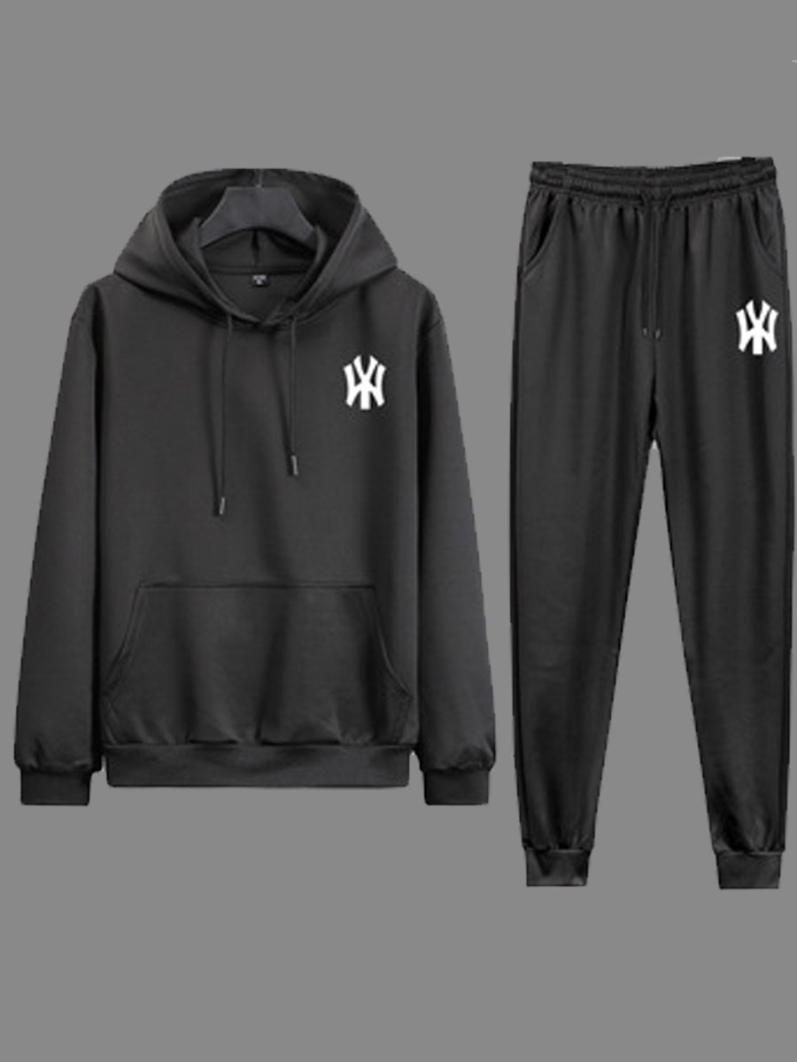 

lovely Sportswear Hooded Collar Print Black Men Two-piece Pants Set