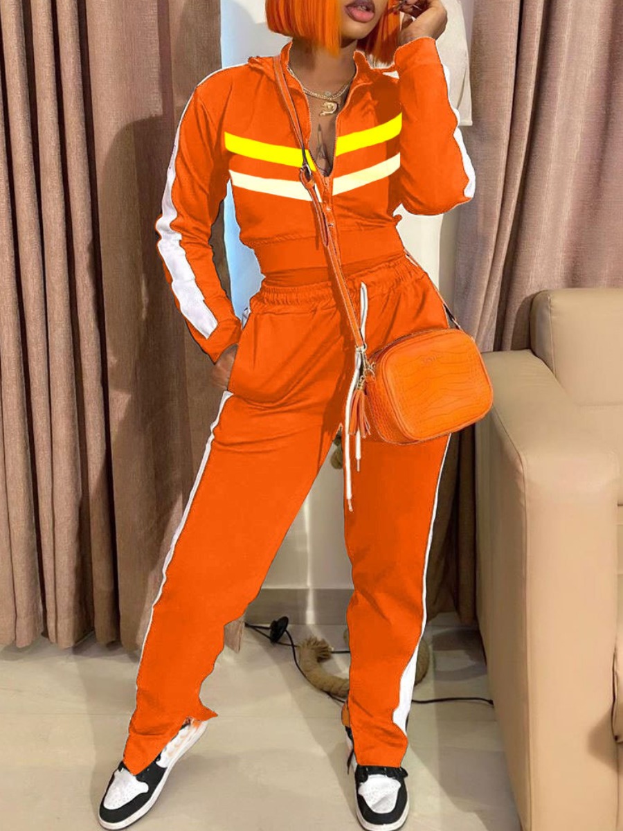 

Lovely Sportswear Zipper Design Patchwork Croci Two Piece Pants Set