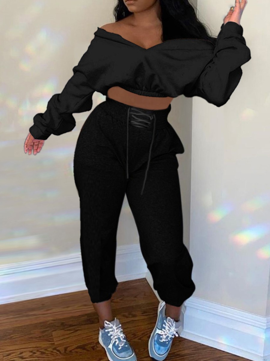 

lovely Casual Dew Shoulder Bandage Design Black Two Piece Pants Set