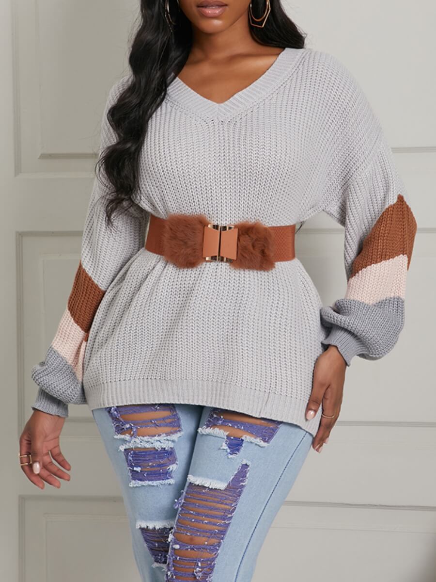 

Lovely Leisure V Neck Patchwork Light Grey Sweater(Without Belt