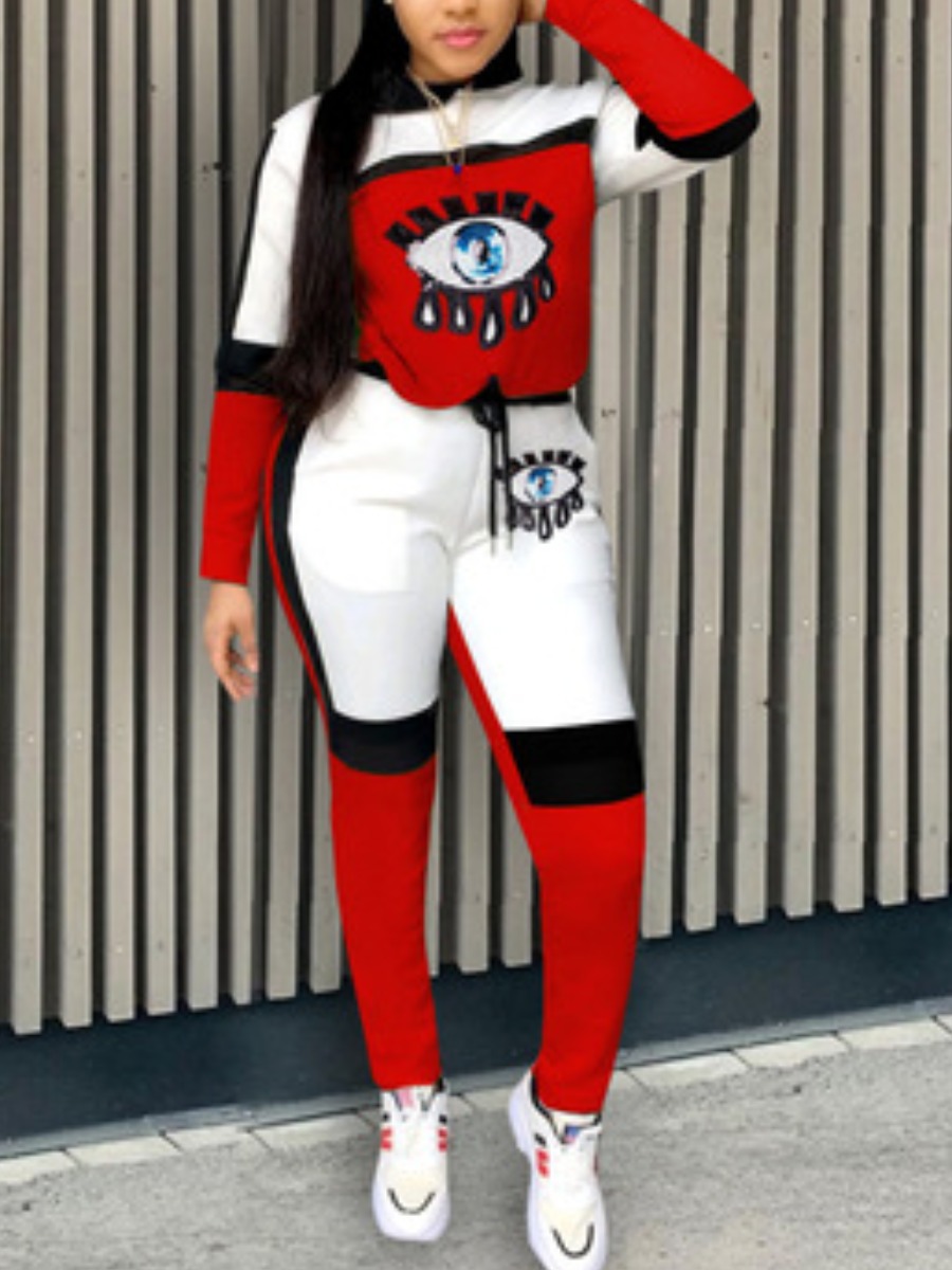 

lovely Casual Print Patchwork Red Two Piece Pants Set