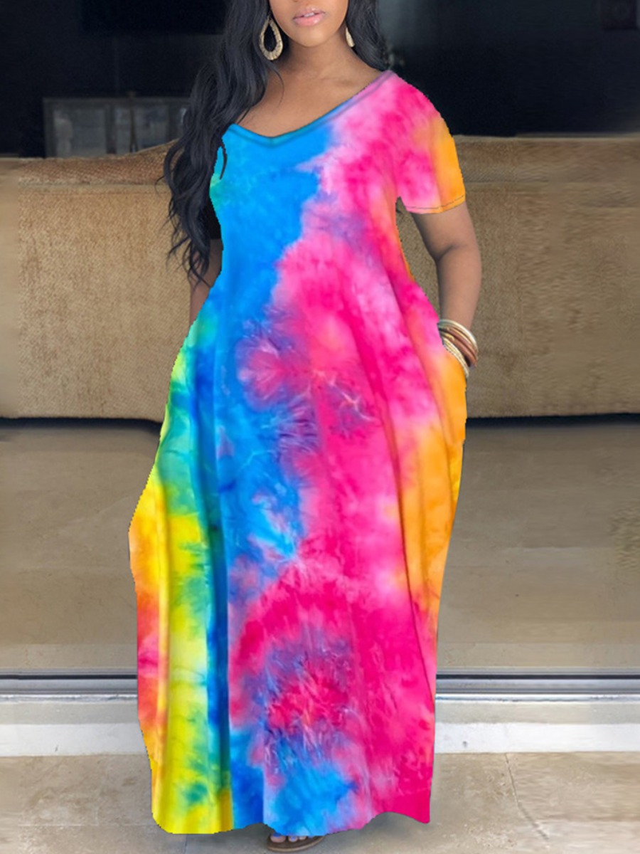 

lovely Casual V Neck Tie-dye Multicolor Maxi Plus Size Dress, Multi