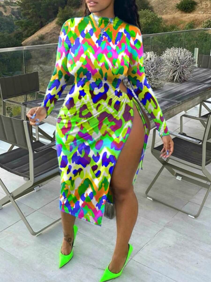 

Lovely Casual O Neck Print Side High Slit Green Mid Calf Plus Size Dress