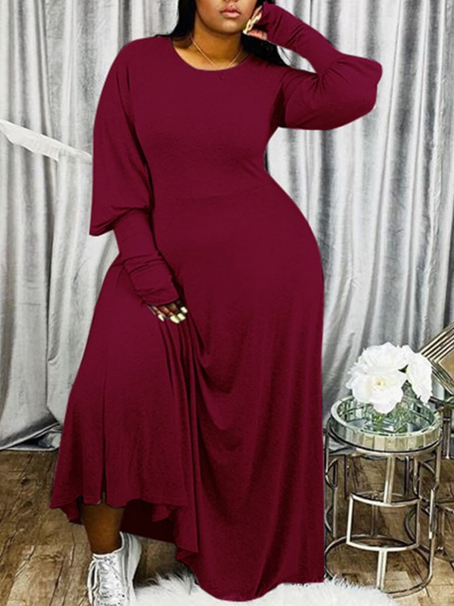 

LW Plus Size Puffed Sleeves Loose Wine Red Dress