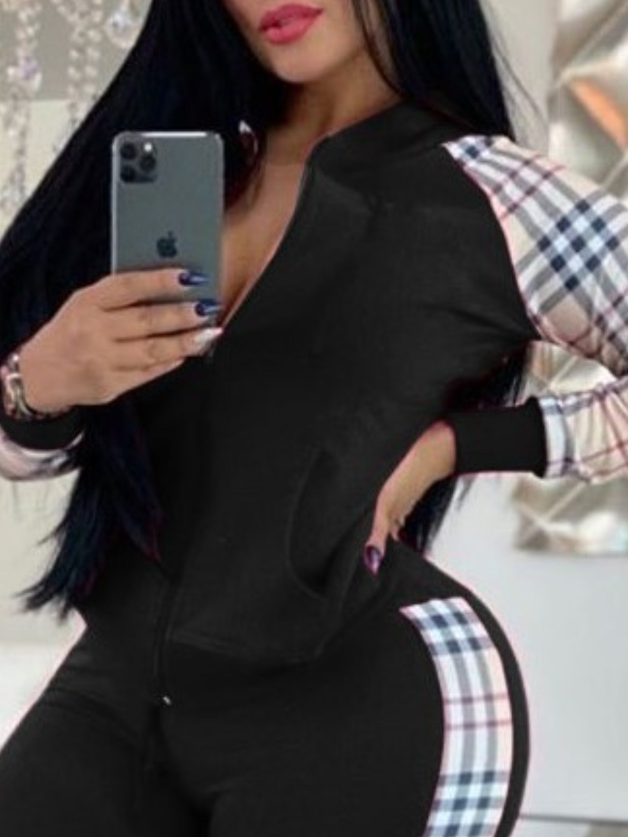 

lovely Casual Zipper Design Patchwork Black Jacket