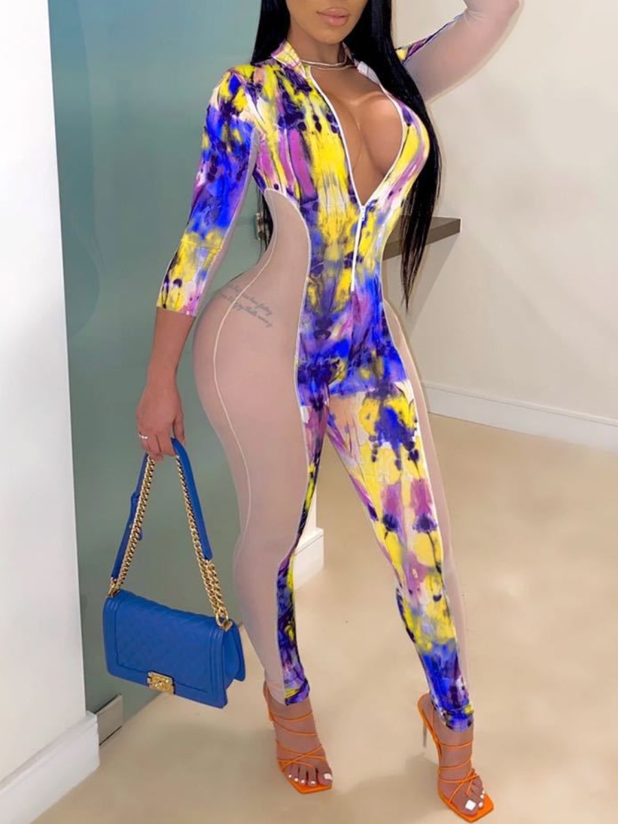 

lovely Trendy Tie-dye Patchwork Yellow One-piece Jumpsuit